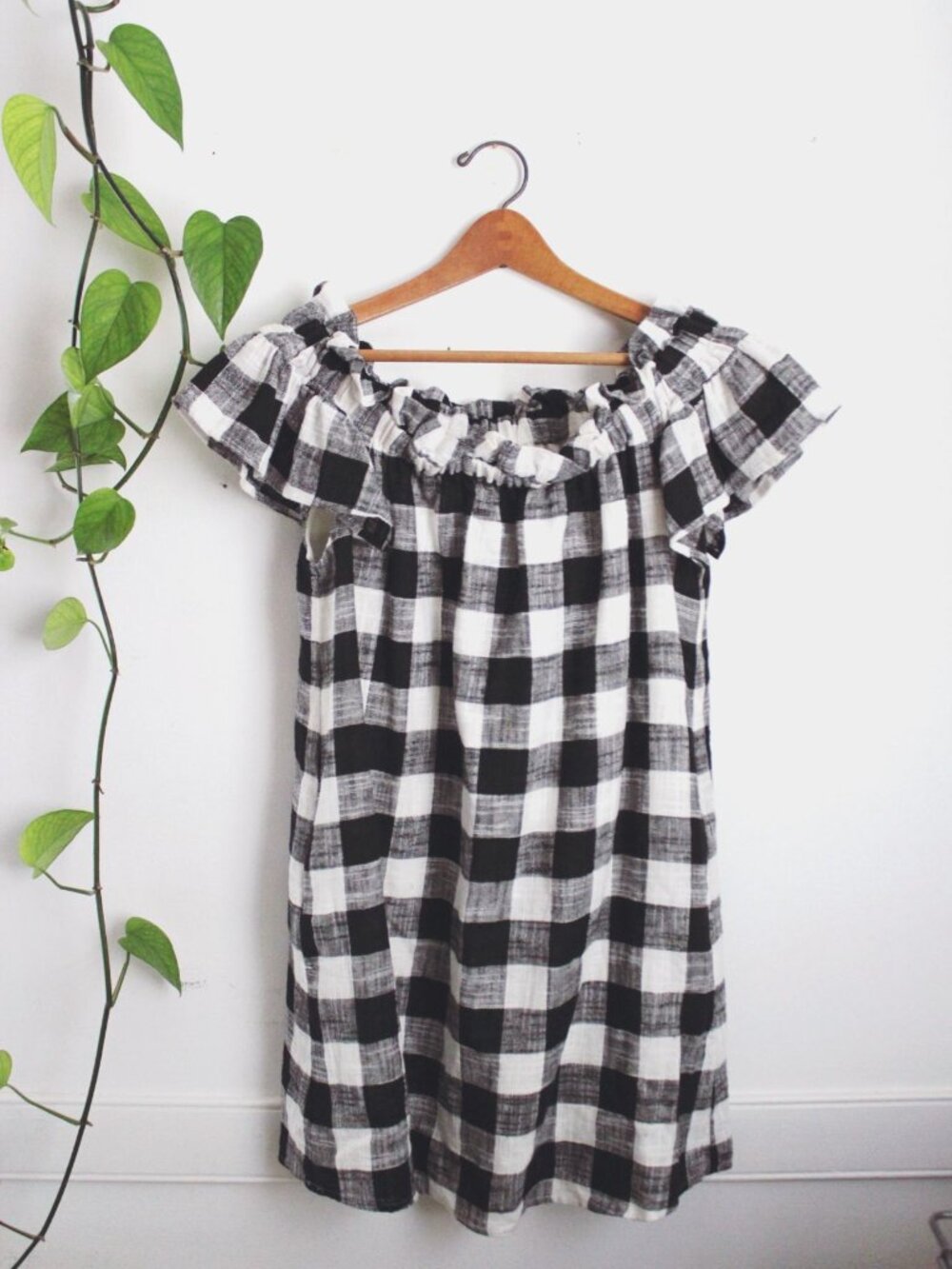 Corey Lynn Calter Black White Gingham Off-Shoulder Dress XS Babydoll Plaid